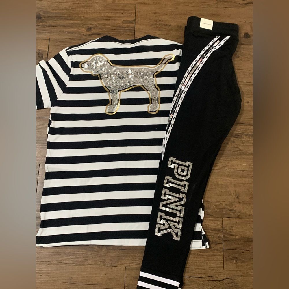 PINK VS STRIPE BLING DOGGIE TSHIRT/ CAMPUS LEGGINGS OUTFIT L